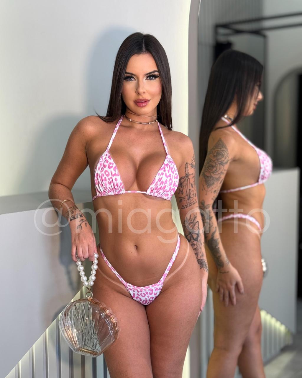 Biquíni Fita Onça Branco e Rosa