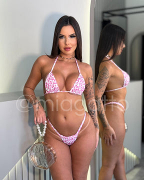 Biquíni Fita Onça Branco e Rosa